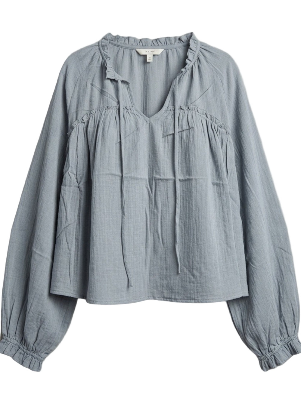 Color Block Boho Blouse Light Blue Cotton Tie Neck Ruffle Long Sleeve Medium